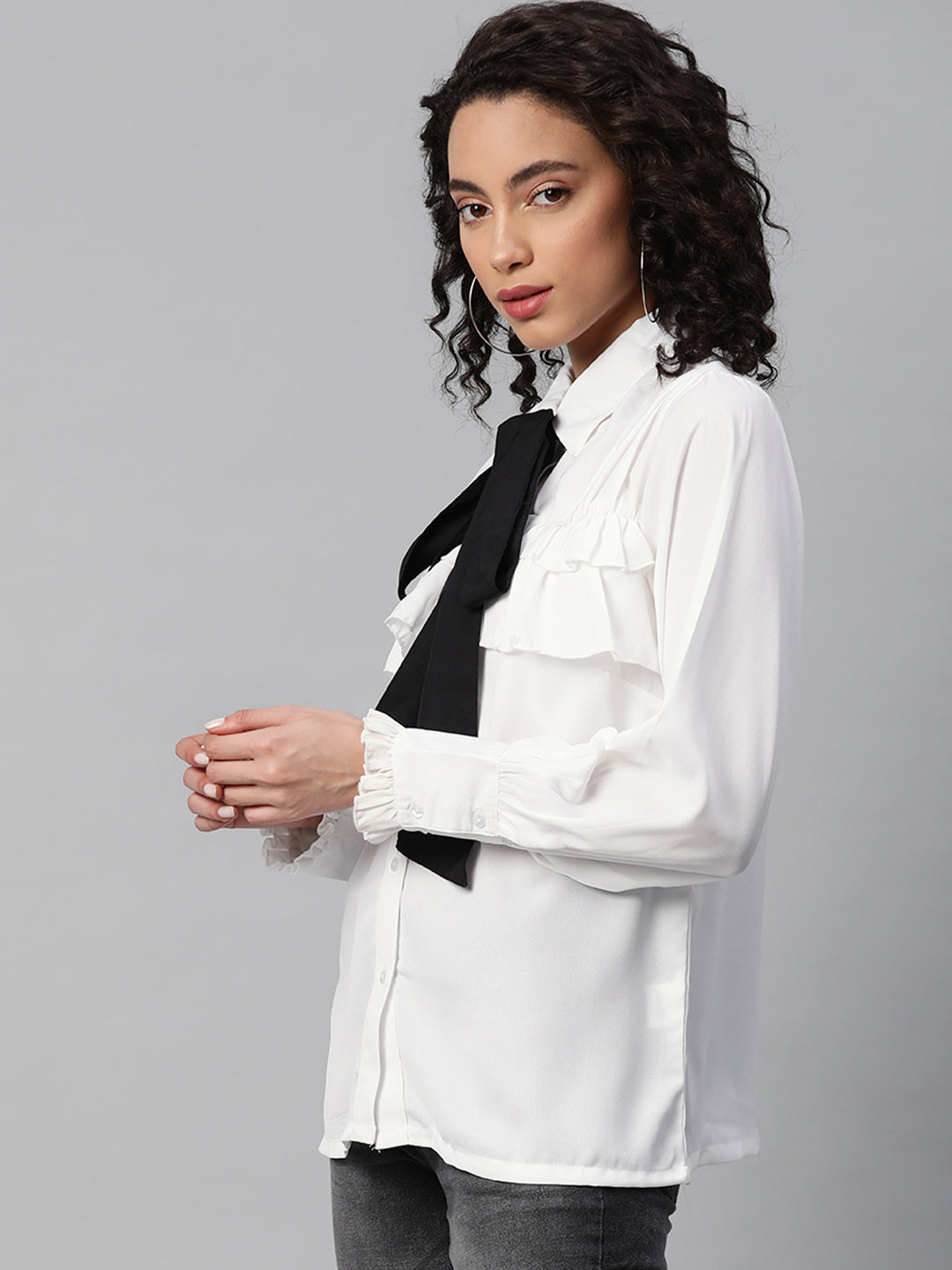 plusS Women White  Black Regular Fit Solid Casual Shirt