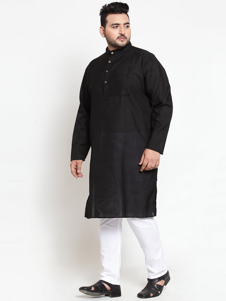 plusS Men Black  White Solid Kurta with Pyjamas