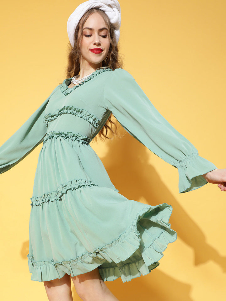 plusS Enchanting Sea Green Solid Ruffled Dress