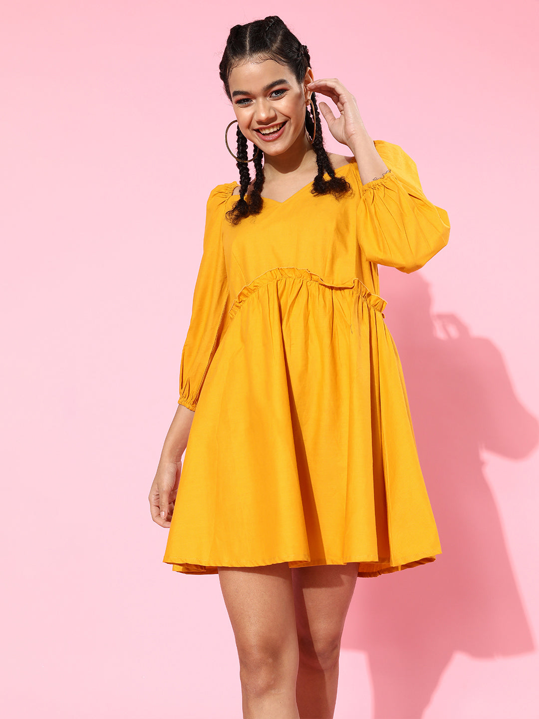 plusS Women Mustard Yellow Solid Cotton Power Shoulder A-Line Dress