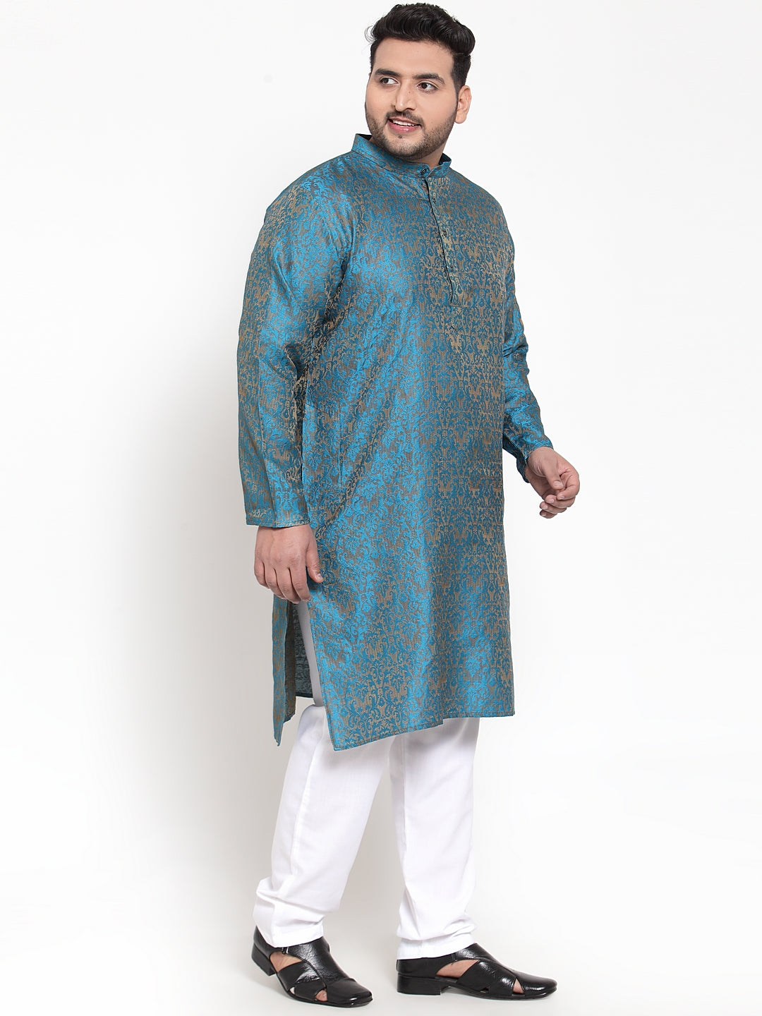 plusS Men Blue  White Self Design Kurta with Pyjamas