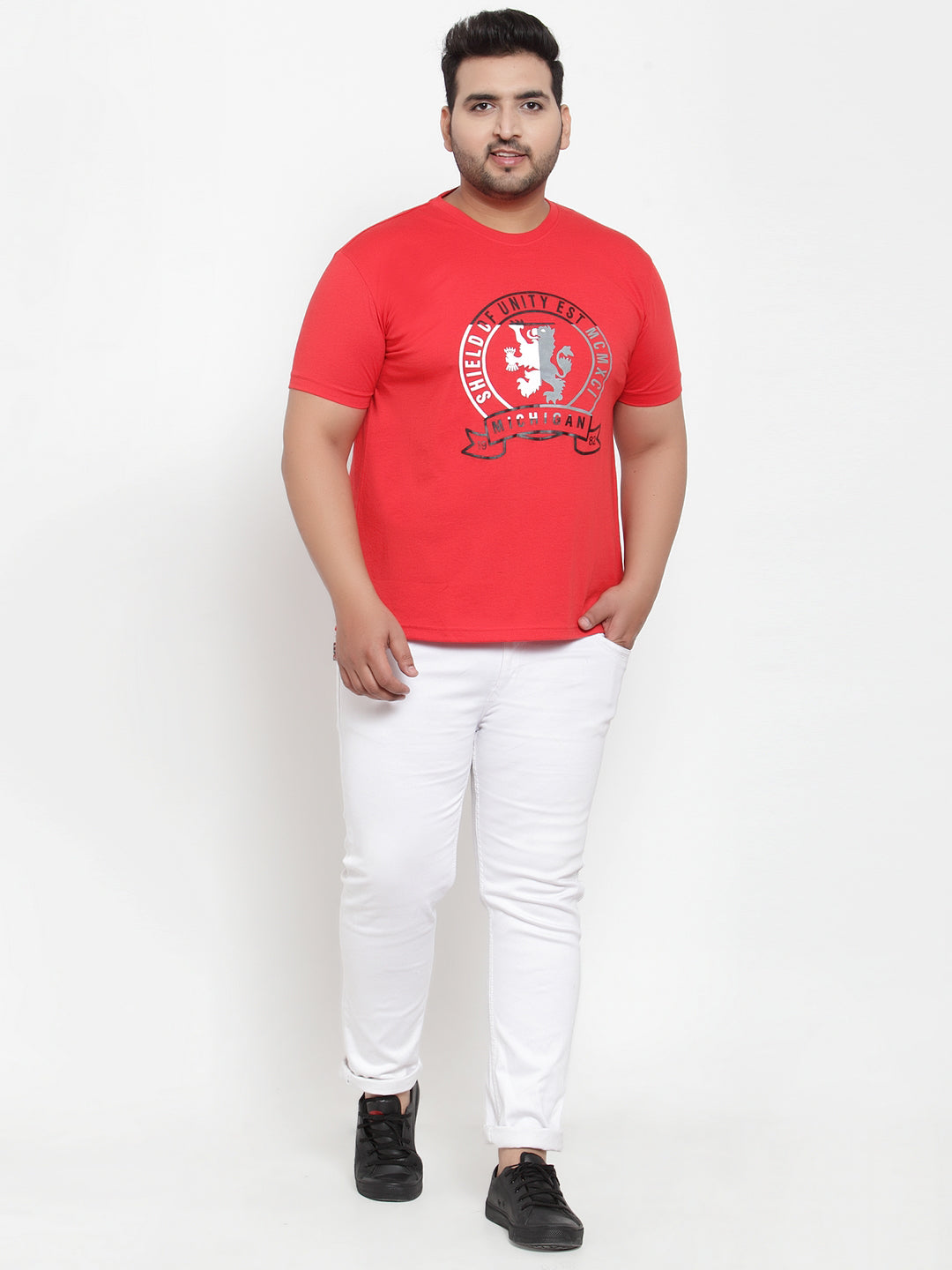 Men Red Printed Round Neck T-shirt