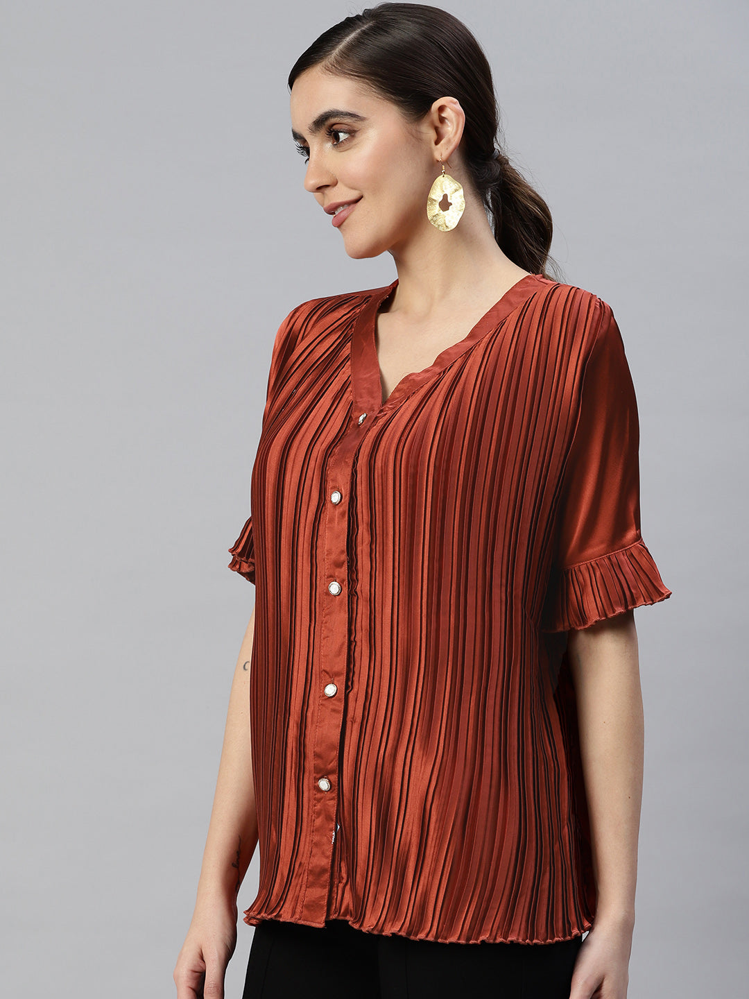 plusS Accordion Pleats Shirt Style Top