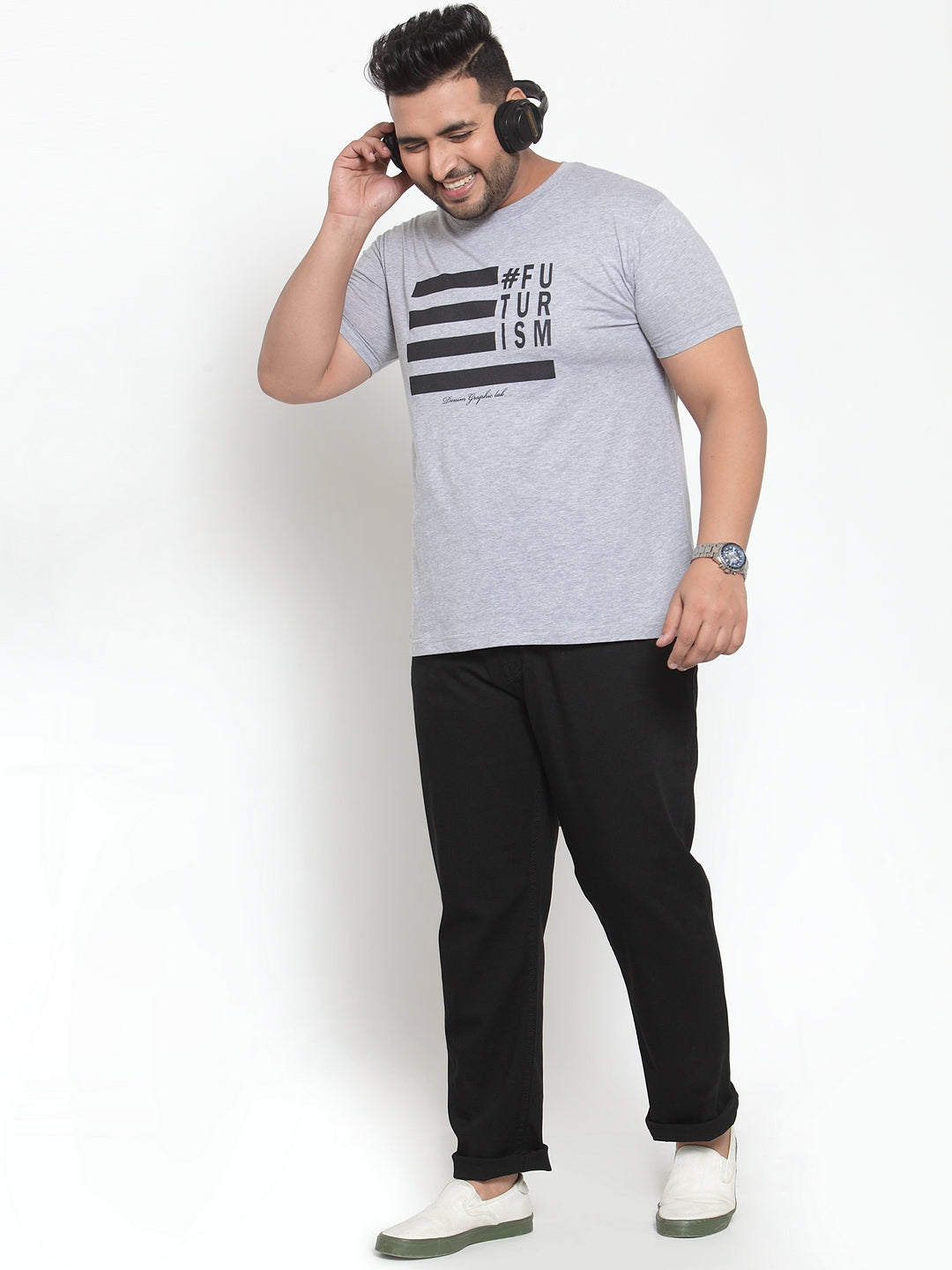 plusS Men Plus Size Grey  Black Graphic Printed T-shirt