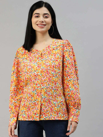 Orange Floral Printed Casual Shirt