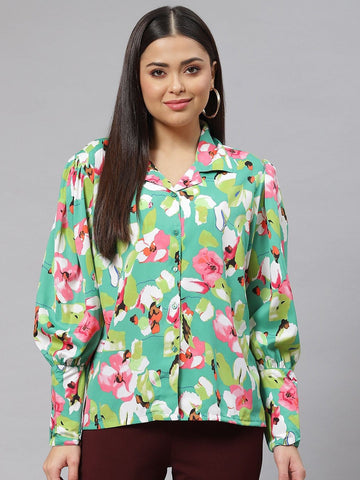 Green Floral Printed Casual Shirt