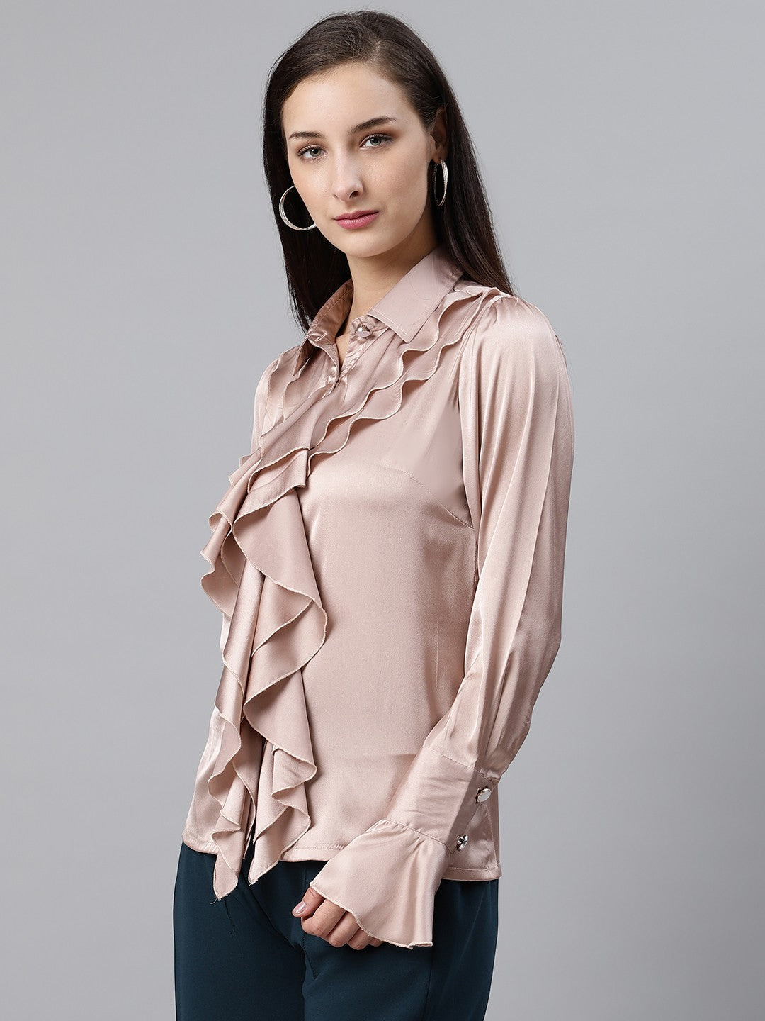 plusS Women Peach-Coloured Solid Ruffled Partywear Shirt