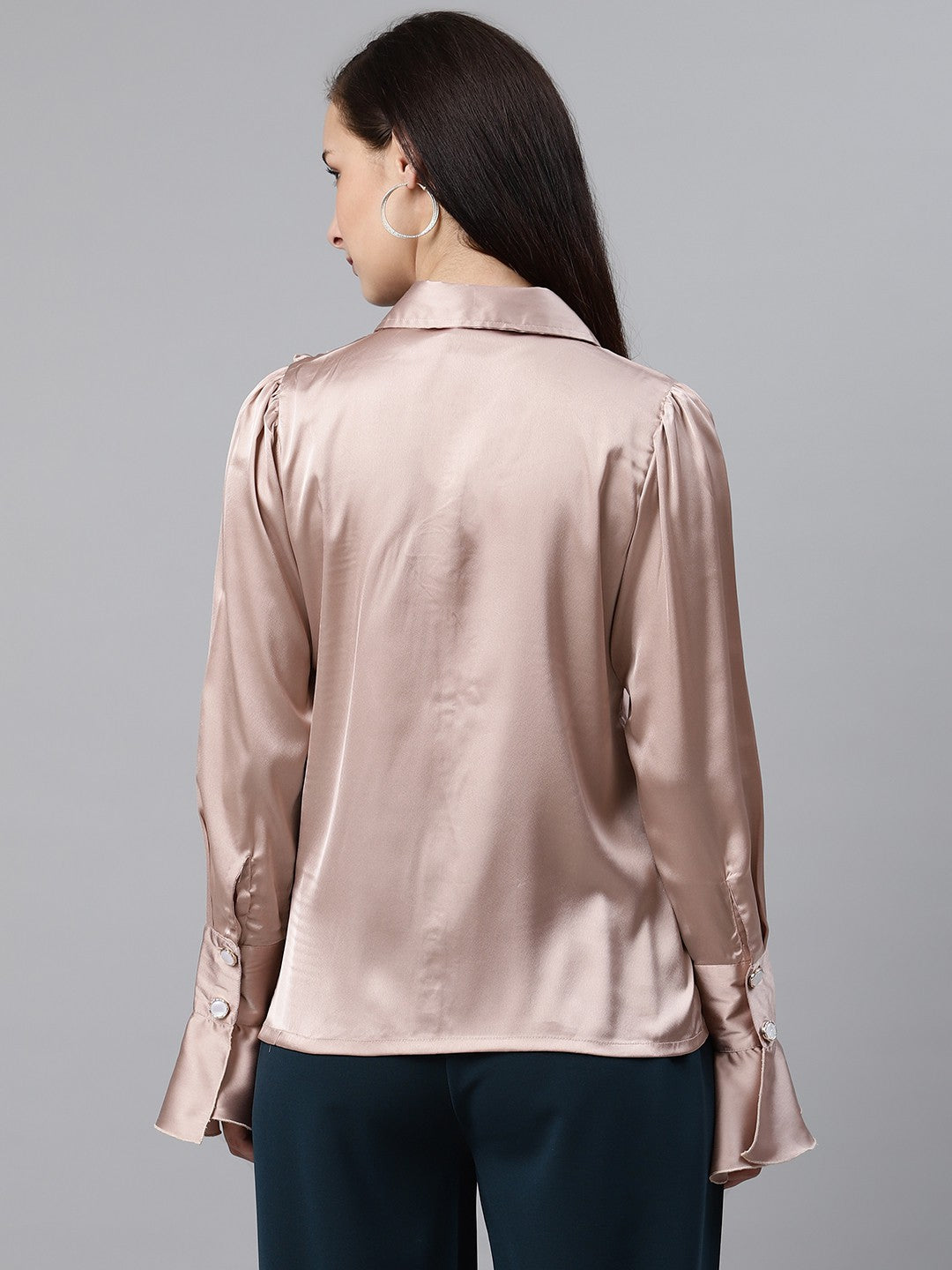 plusS Women Peach-Coloured Solid Ruffled Partywear Shirt