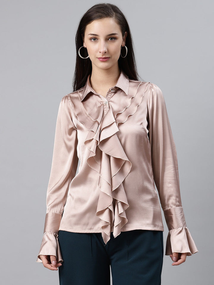 plusS Women Peach-Coloured Solid Ruffled Partywear Shirt