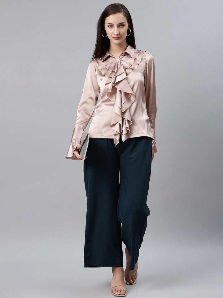 plusS Women Peach-Coloured Solid Ruffled Partywear Shirt