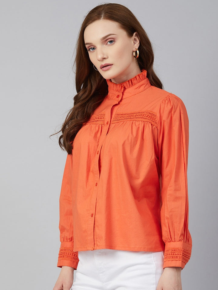 plusS Catchy Orange Ruched and Smocked Shirt