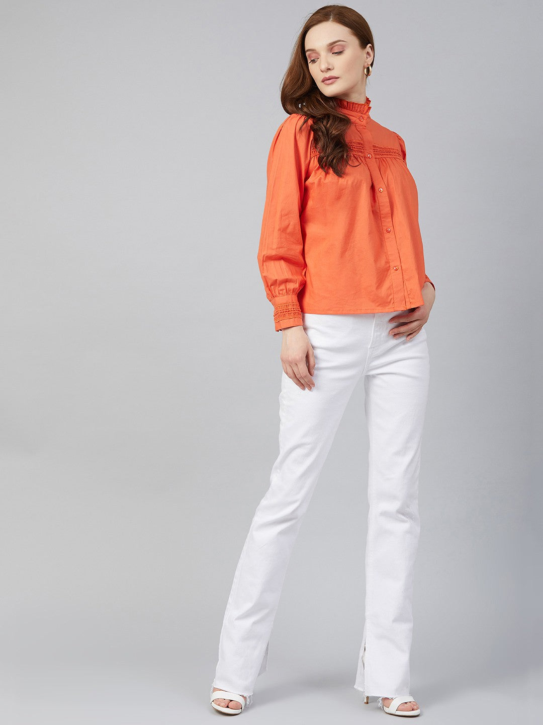 plusS Catchy Orange Ruched and Smocked Shirt