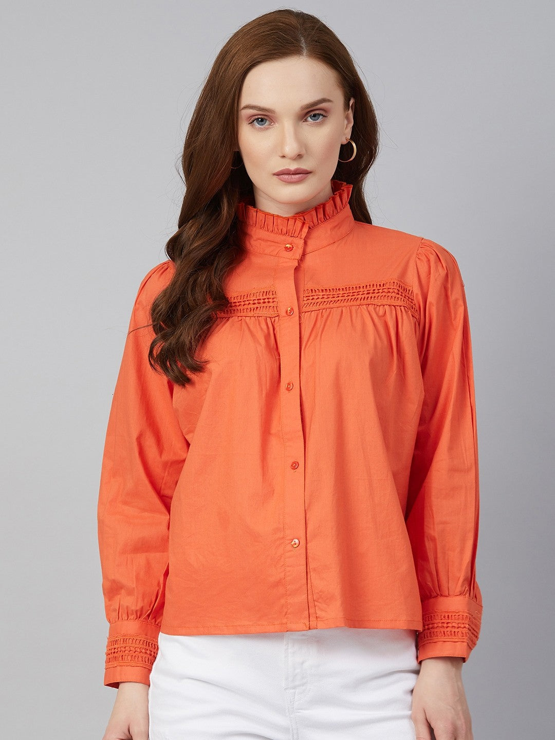 plusS Catchy Orange Ruched and Smocked Shirt