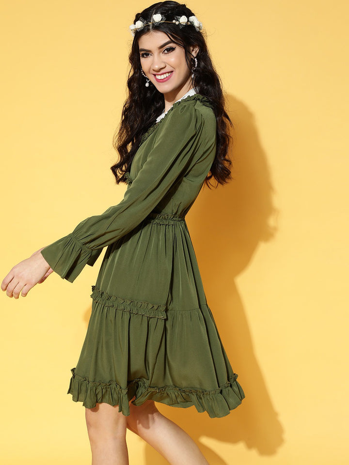 plusS Gorgeous Green Solid Ruffled Dress