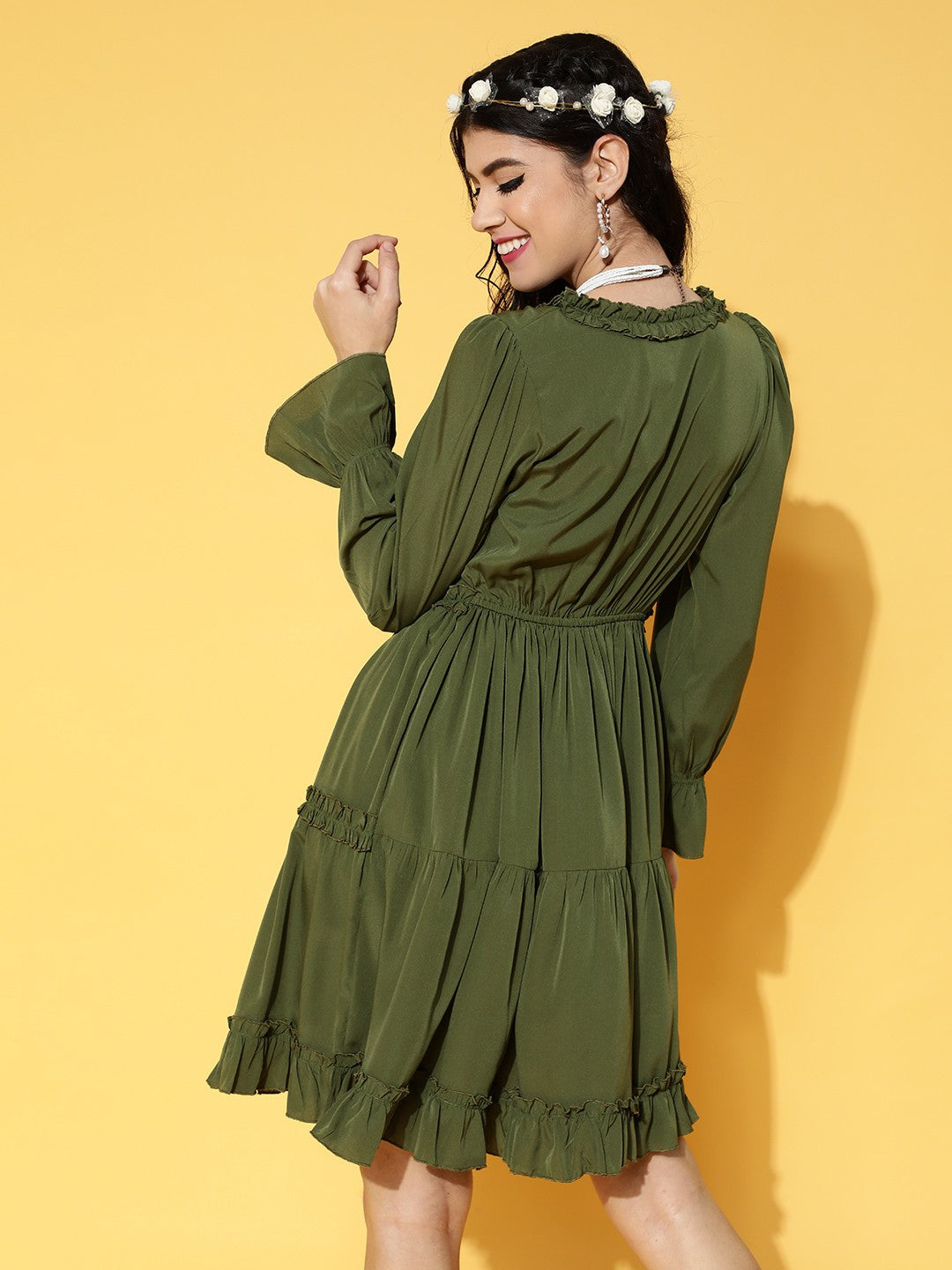 plusS Gorgeous Green Solid Ruffled Dress