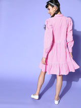 plusS Women Pink  White Pure Cotton Checked A-Line Puff Sleeves Dress