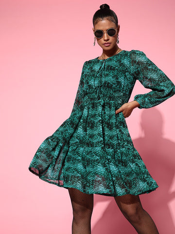 plusS Green Tie-Up Neck Dress