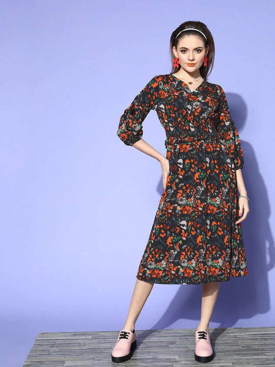 plusS Black  Orange Floral A-Line Midi Dress