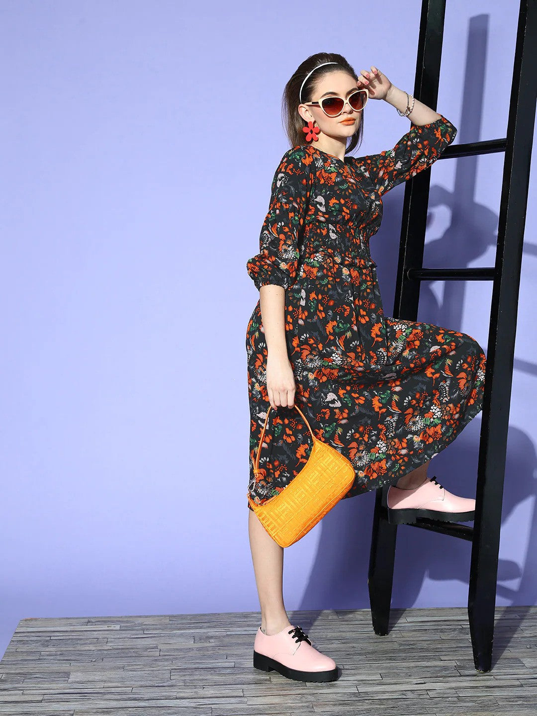 plusS Black  Orange Floral A-Line Midi Dress