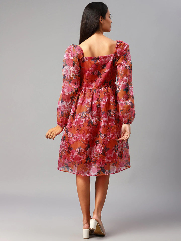 plusS Pink Floral Puff Sleeves A-Line Dress