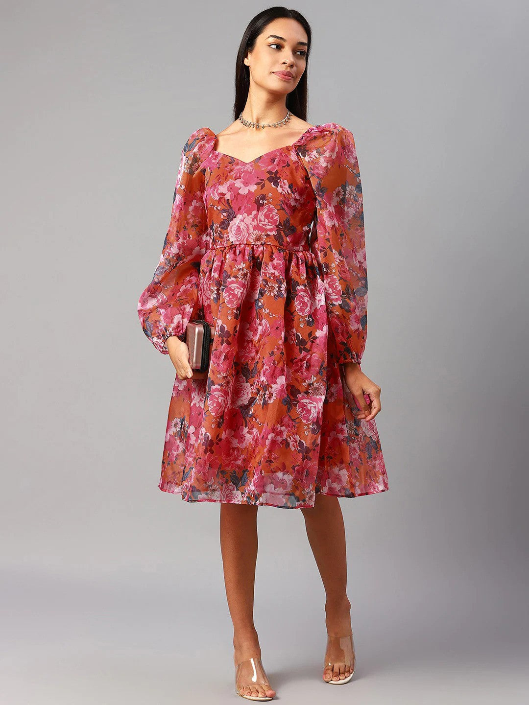 plusS Pink Floral Puff Sleeves A-Line Dress