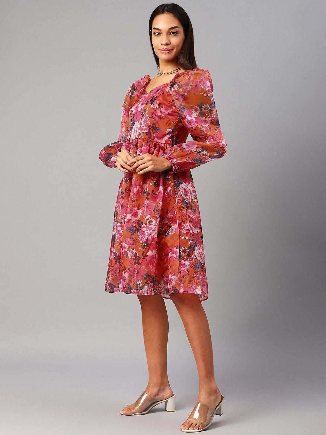 plusS Pink Floral Puff Sleeves A-Line Dress