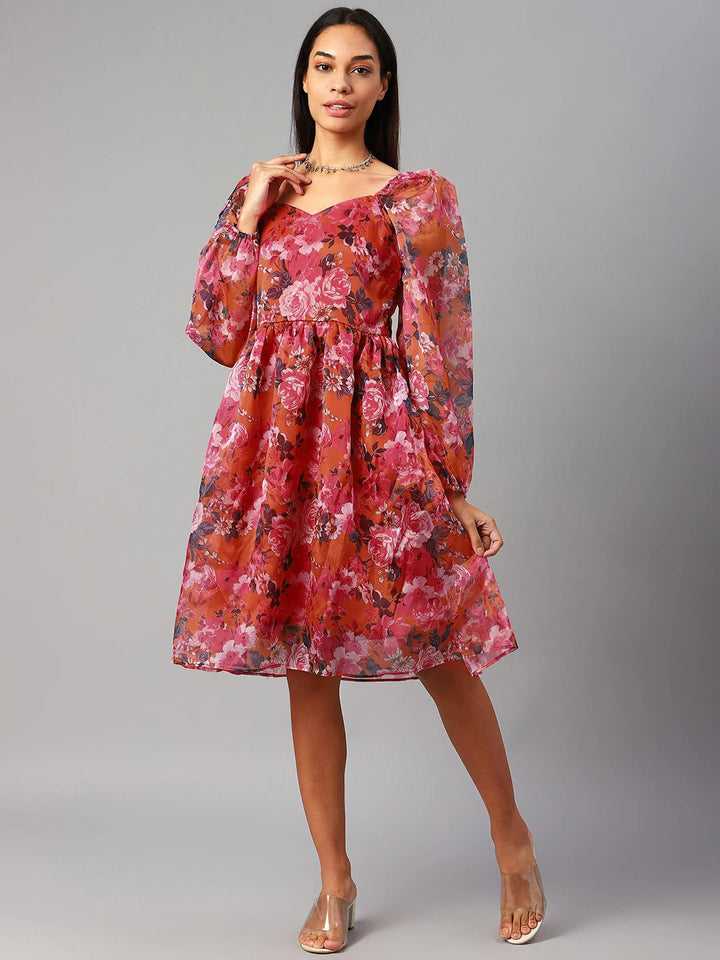 plusS Pink Floral Puff Sleeves A-Line Dress