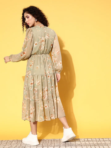 Enchanting Olive Floral Resort Wear Dress