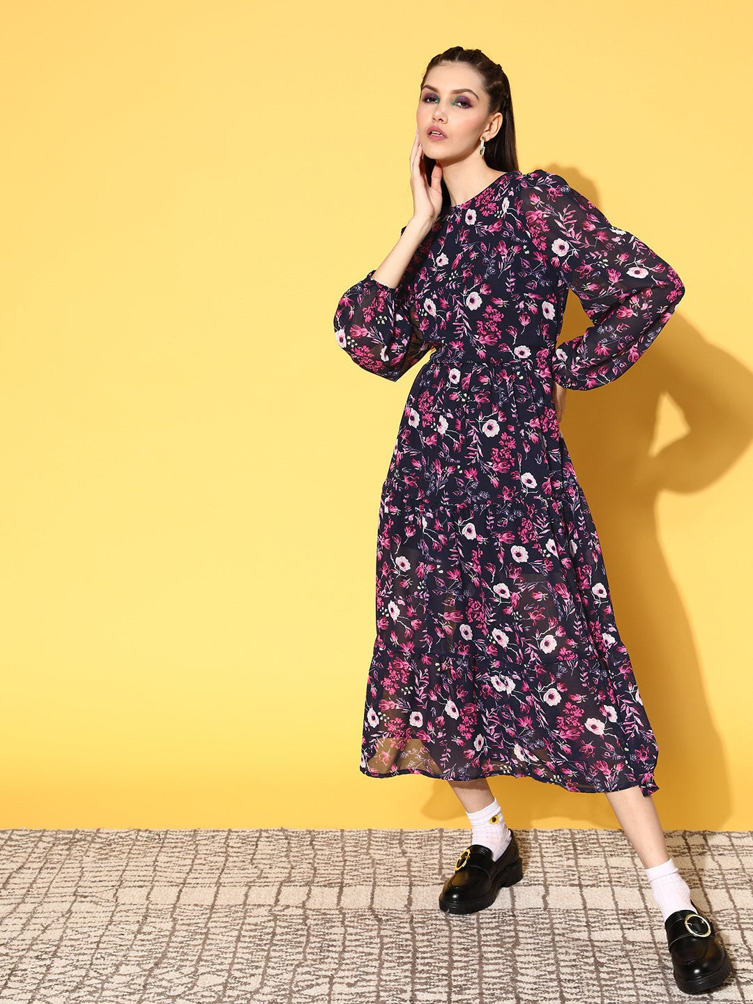 Deep Navy Blue Floral Resort Wear Dress