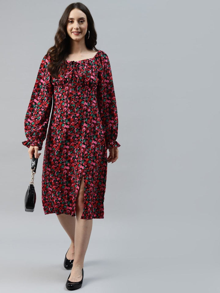 plusS Black  Red Floral Print Tie-Up Neck A-Line Midi Dress