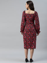 plusS Black  Red Floral Print Tie-Up Neck A-Line Midi Dress