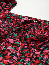 plusS Black  Red Floral Print Tie-Up Neck A-Line Midi Dress