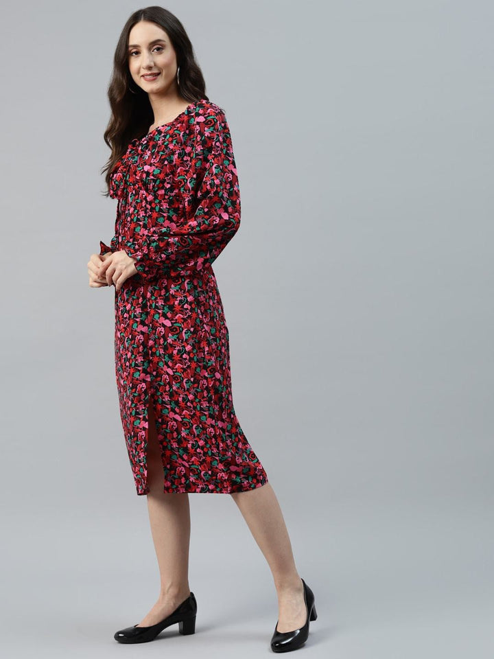 plusS Black  Red Floral Print Tie-Up Neck A-Line Midi Dress