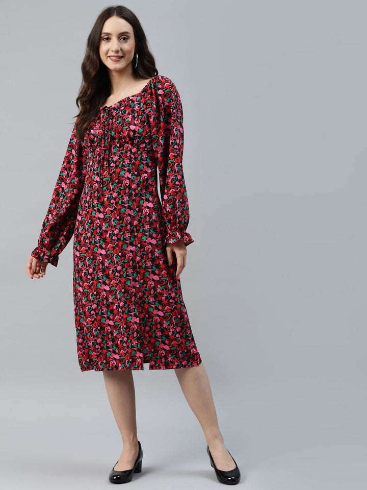 plusS Black  Red Floral Print Tie-Up Neck A-Line Midi Dress