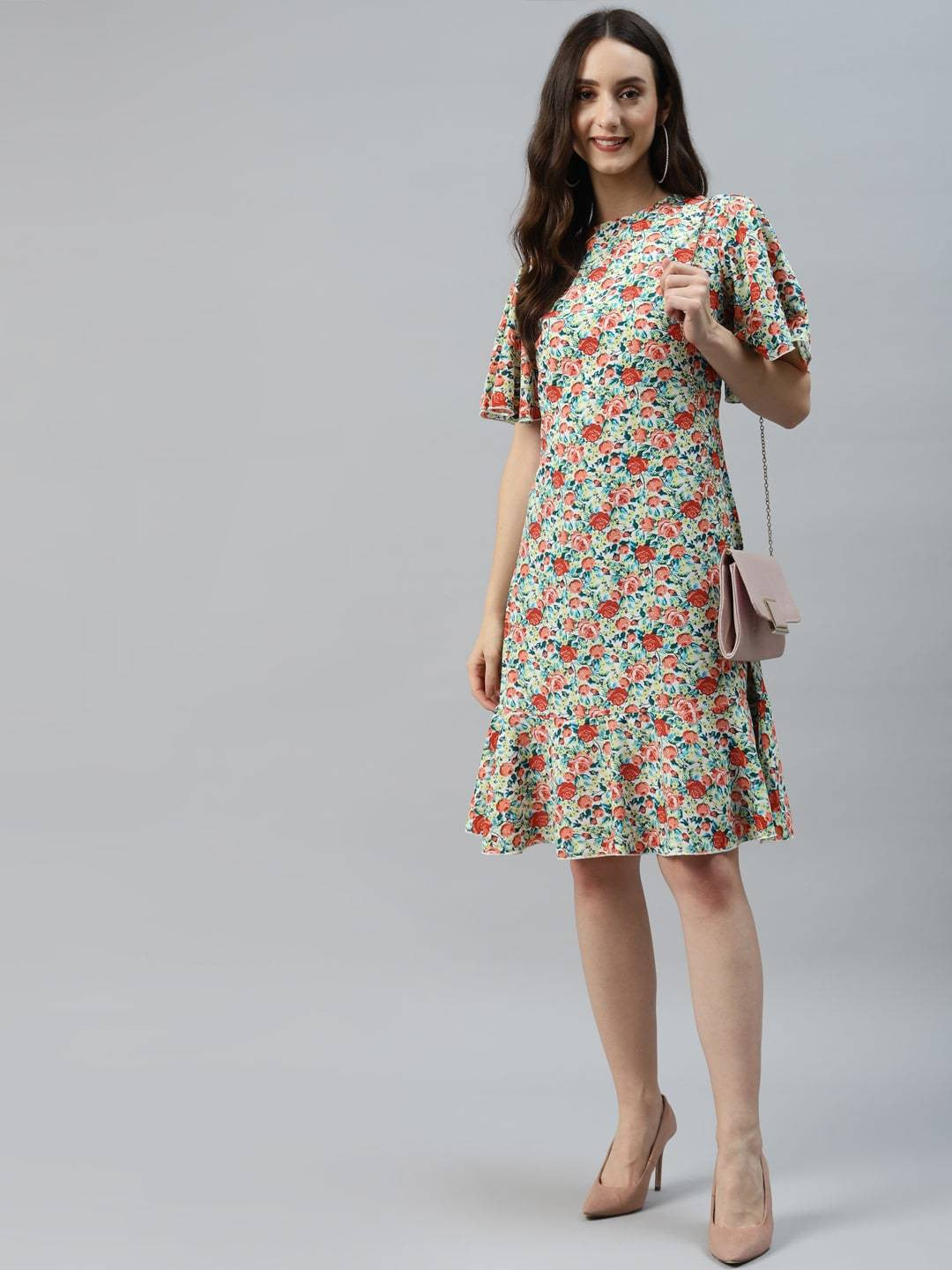 plusS Sea Green  Red Floral Print A-Line Dress