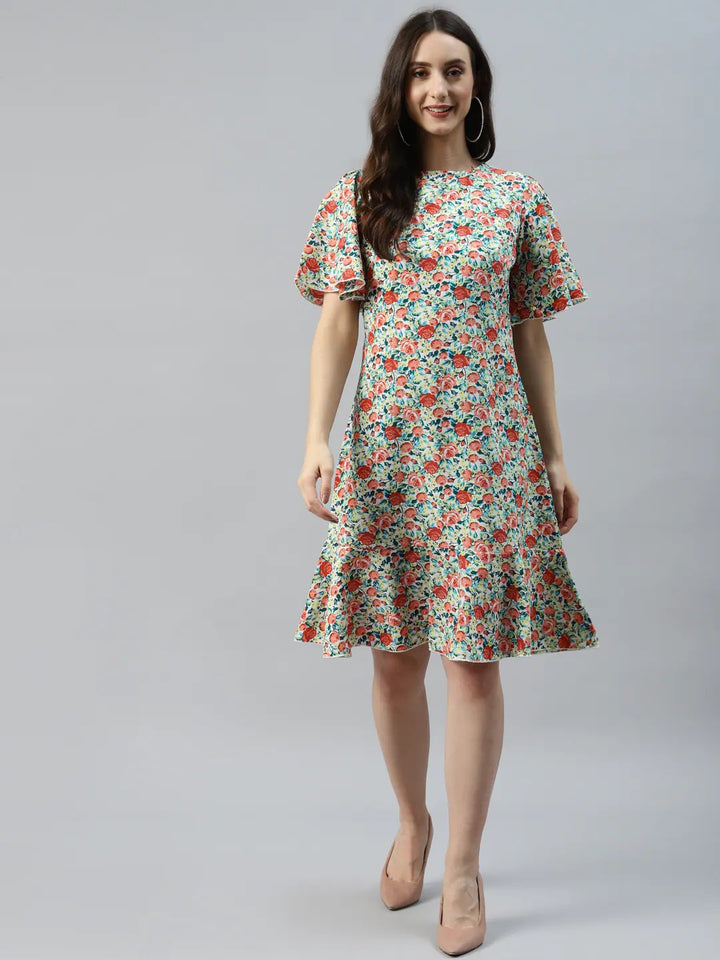 plusS Sea Green  Red Floral Print A-Line Dress