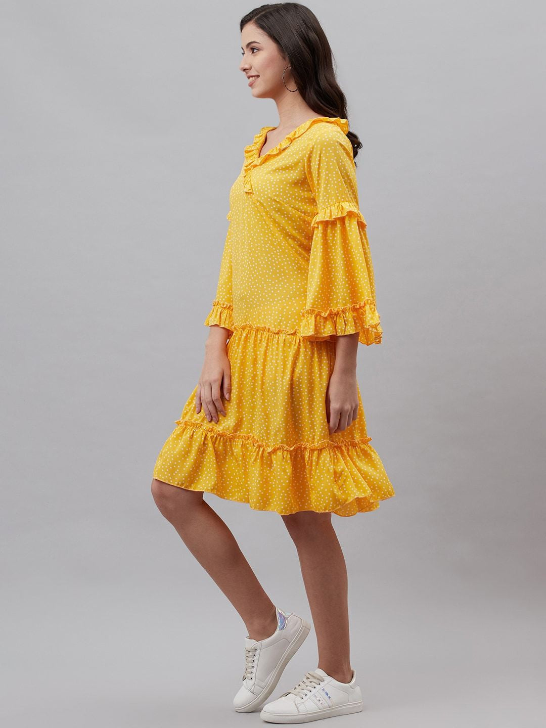 plusS Yellow Polka Dots Print A-Line Dress