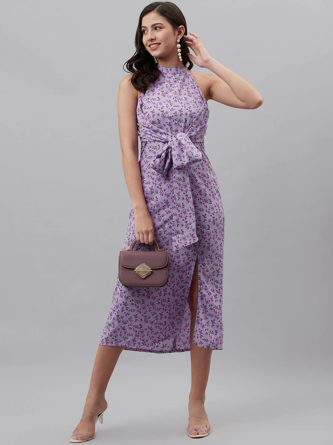 plusS Purple Floral Print A-Line Midi Dress