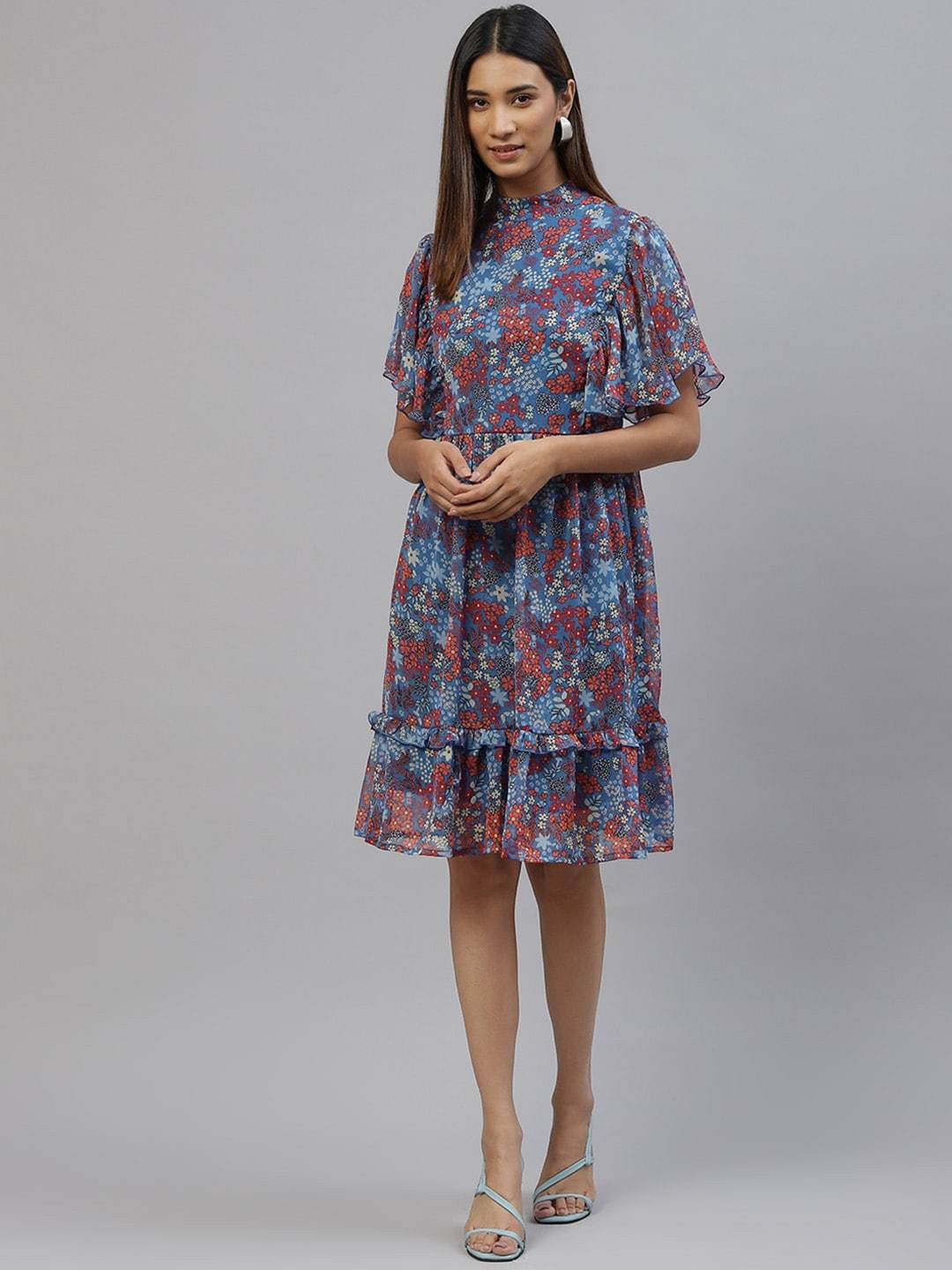 Orange Floral Print A-Line Dress