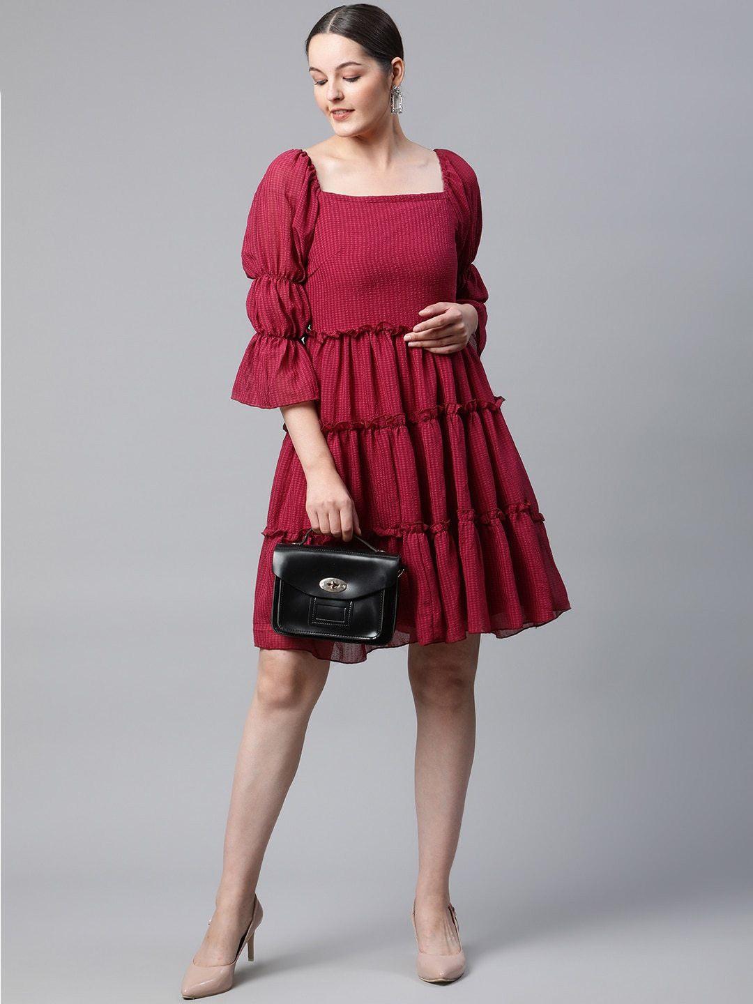 plusS Red Self Design Bell Sleeves A-Line Tiered Dress