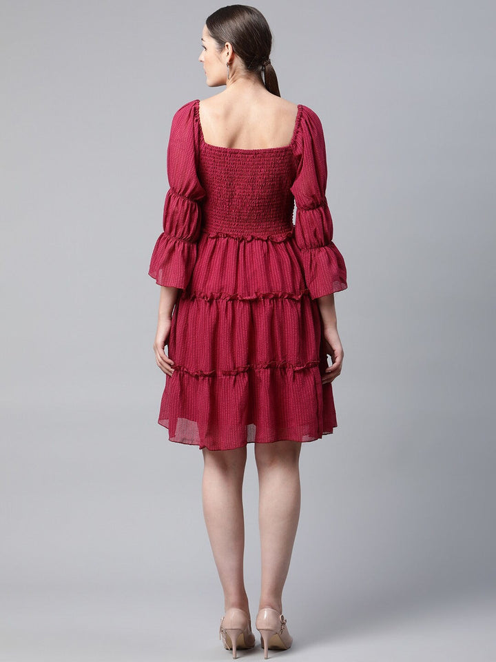 plusS Red Self Design Bell Sleeves A-Line Tiered Dress