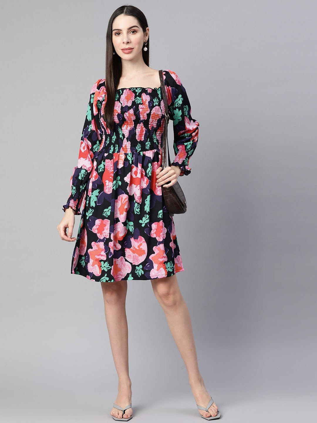 plusS Black Smocked Floral Printed Dress