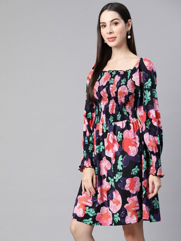 plusS Black Smocked Floral Printed Dress