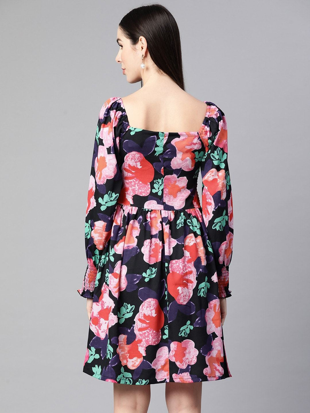 plusS Black Smocked Floral Printed Dress