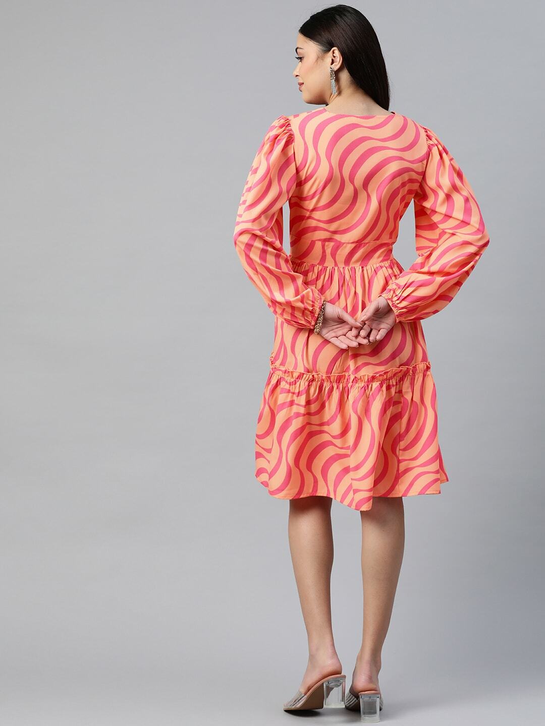 plusS Abstract Print Tie-Up Detail Tiered Dress