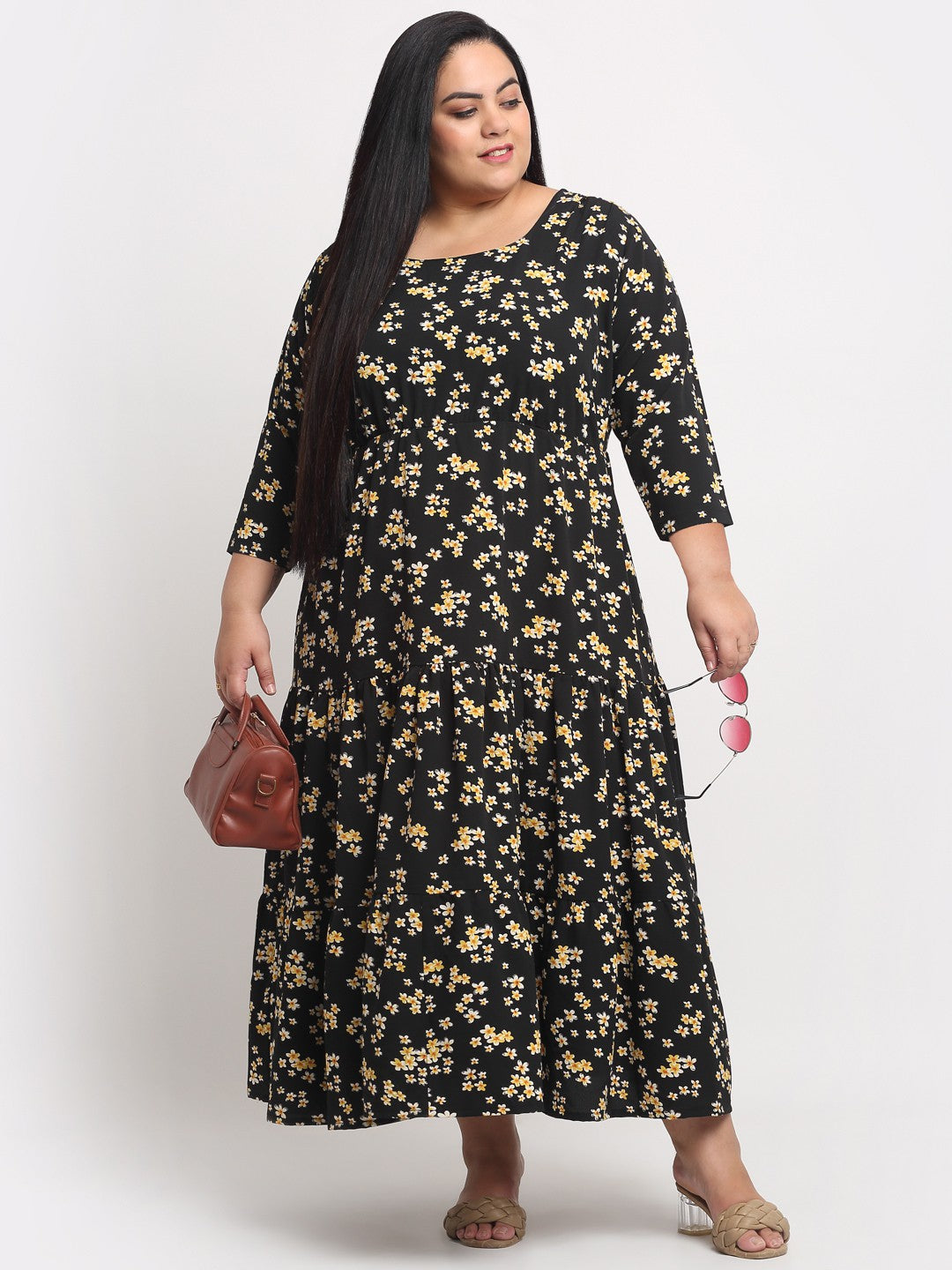 plusS Women Plus Size Black Floral Printed Maxi Dress