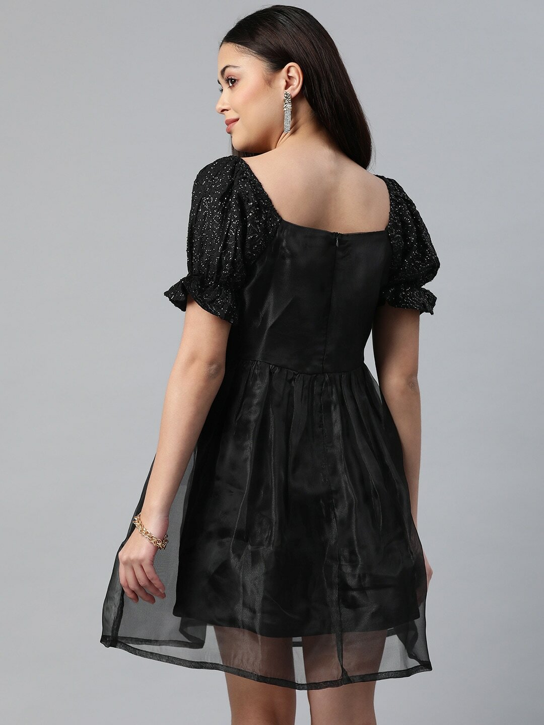 plusS Solid Sequin Work Puff Sleeves Dress