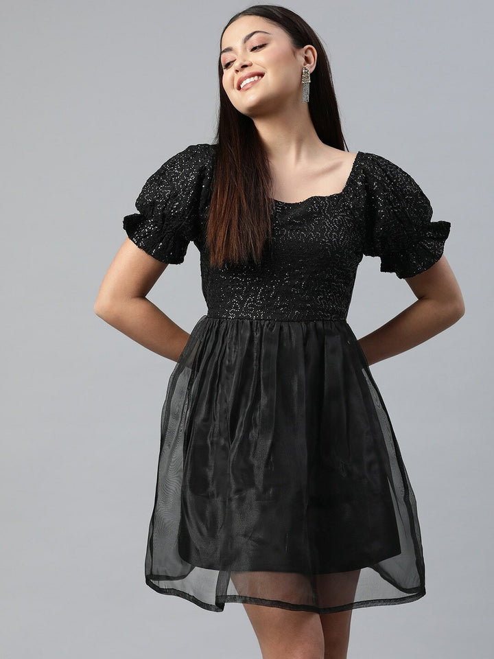 plusS Solid Sequin Work Puff Sleeves Dress