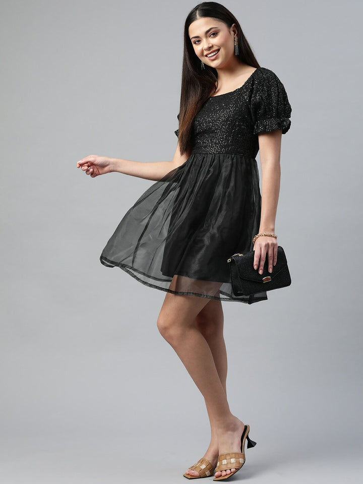 plusS Solid Sequin Work Puff Sleeves Dress