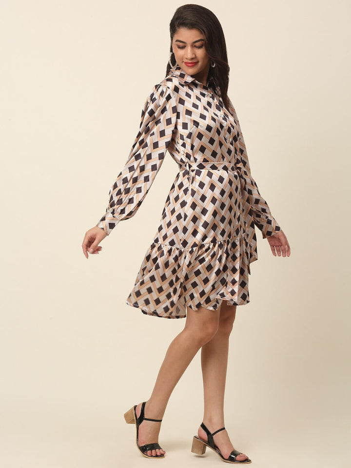 plusS Beige Polka Dot Print Puff Sleeve Fit  Flare Dress